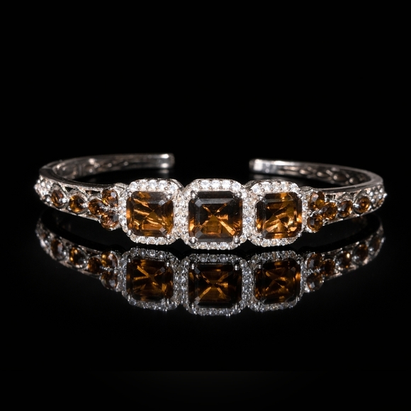 Jewelry - Smokey Quartz & Zirchon Open Cuff Sterling Silver Bracelet 11.10 cts